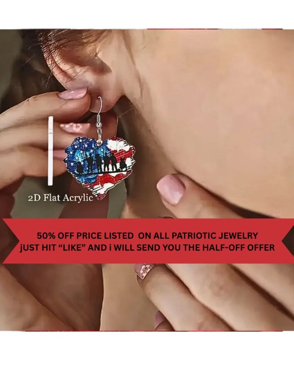 Military Troops Silhouette Patriotic Heart Earrings Acrylic USA Flag Background